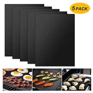 BBQ Grillmatte 5er Set – Antihaft Grillunterlage 40x, wiederverwendbar, hitzebeständig bis 650 °C, für Fleisch, Gemüse & Fisch - Schwarz