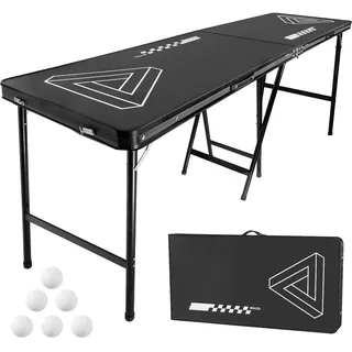 VEVOR Klappbarer Bierpong-Tisch 2,4 x 0,6 x 0,9 m mit 6 Tischtennisbällen, Faltbarer Beer-Pong-Tisch Tragbar mit Tragegriffen, Ideal für Büro, Grillpartys, Reisen und Camping, Schwarz