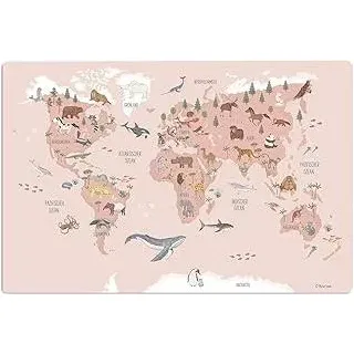 Schreibtischunterlage für Kinder – Weltkarte Tiere rosa deutsch – 60 x 40 cm – aus Premium Vinyl – Germany