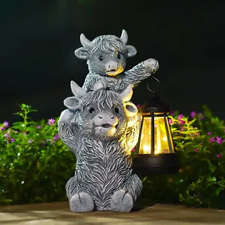 Yeomoo Hochlandrind Skulptur mit Solarlampen für Außen Gartendeko - Lustig Highland Cow Muttertier & Kalb Gartenfigur Solar Deko - Kuh Geschenke für Frauen Mama Männer Garten Balkon Zimmer Deko Grau