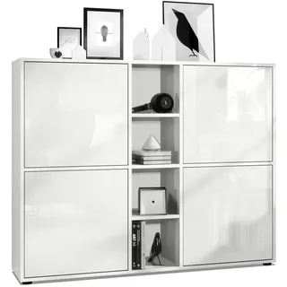 Vladon Highboard Weiß Hochglanz Holzwerkstoff, 130.5x105.5x35.5 cm, Wohnzimmer, Kommoden, Highboards