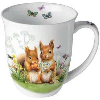 Ambiente Kaffeetasse Tee Becher Mug 0,4l Eichhörnchen Wiese Blumen Fine Bone China Porzellan Frühling Sommer Ostern serie little squirrels