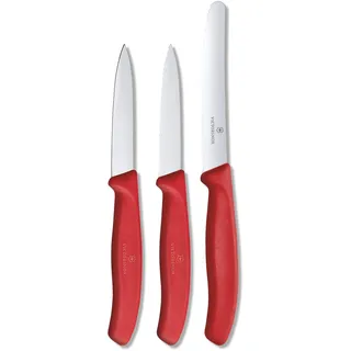 Victorinox Swiss Classic, Küchenmesser Set, 3teilig, Gemüse-, Tomaten- und Frühstücksmesser, Robuster Kunststoffgriff, Rostfreier Stahl, Rot