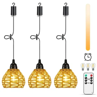 Lightsjoy 3er Boho Hängelampe mit Batterie Outdoor Indoor Pendelleuchte Batteriebetrieben Dimmbar mit Fernbedienung IP65 Wasserdicht Hängeleuchte Ohne Stromanschluss für Innen Außen Garten Balkon