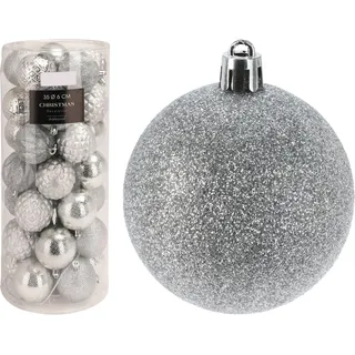 Well Home Set mit 35 Weihnachtskugeln Ø 6 cm mit 5 verschiedenen Designs in Relieffarbe Silber