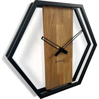 Wanduhr groß XXL Hexagon Holz Eiche LOFT schwarz Industrial modern 50cm Durchmesser ohne Ticken - Braun