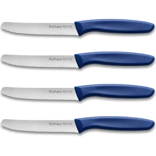 Ruffulon Tafelmesser 4 Stück,Tomatenmesser mit Wellenschliff,Messerset Scharf,Kunststoffgriff Frühstücksmesser,Brotmesser Klein,Rostfreier Stahl Messer Set,Blau Jausenmesser