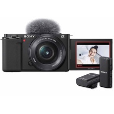 Sony Alpha ZV-E10 | APS-C spiegellose Vlog-Kamera (schwenkbarer Bildschirm für Vlogging, 4K-Video, Echtzeit-Augen-Autofokus) Schwarz + SEL1650 Objektiv + Mikrofon