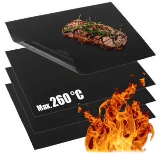 com-four® 4x BBQ Grillmatte aus Teflon - hitzebeständige Backmatte - Antihaft-Grillfolie - Grill- und Backunterlage - wiederverwendbar, zuschneidbar, spülmaschinengeeignet (4 Stück - schwarz)