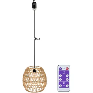 EcoGehen Rattan Hängelampe mit Batterie Außen Innen Hängeleuchte Batteriebetriebene Lampe Tragbare Boho Korb Lampenschirm Pendelleuchte ohne Strom Stromanschluss Outdoor Beleuchtung für Garten
