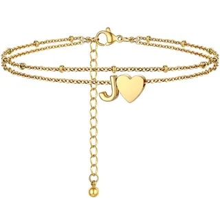 PROSTEEL Gold Fußkette für damen, Doppelte Herz Fußkettchen mit Buchstabe A-Z, 18k Vergoldet Fußschmuck für Mädchen Frauen