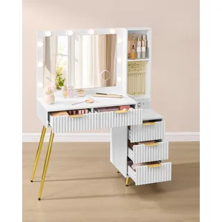 VASAGLE Schminktisch mit 10x Vergrößerungsspiegel, LED-Leuchten, Schmucktablett, Ladestation - Weiß