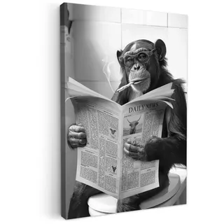 MuchoWow Leinwandbild Affe - WC - Zeitung - Schwarz-Weiß - Humor Wanddeko Schlafzimmer 60x90 cm , Hellgrau , Textil , Kiefer , Abstrakt , Rechteckig , 60x90 cm , FSC 100% , gerahmt , Bilder & Rahmen, Bilder, Leinwandbilder
