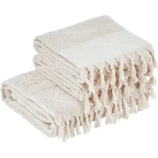 Handtuch Set DONE. "Provence Bohéme", beige, 3 Stk., Walkfrottier, Walkfrottier, Obermaterial: 100% Baumwolle, Handtücher, Handtuch Set, Uni-Farben, Boho-Style, mit auffälliger Borte & Fransen
