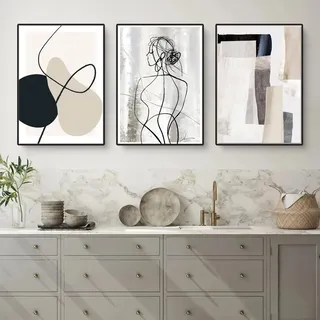 Herfair Bilder Wohnzimmer 3er Set Abstrakt Line Geometrie Wandbilder | Poster Schlafzimmer Einfachheit Kunstposter Leinwandbilder Ohne Rahmen (30 x 40 cm)