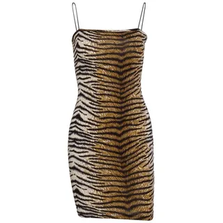 Alnicov 1 Neckholder-Kleid mit Tiger-Print, kurzer, versteckter Reißverschluss, geeignet für Jahrestage, Flitterwochen. Sexy und alltägliches Kleid.