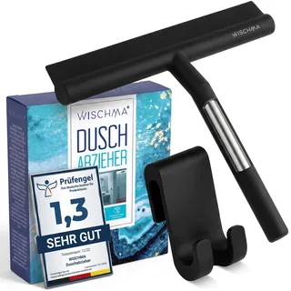 WISCHMA Duschabzieher aus Silikon, schwarz – Abzieher für Dusche mit Halterung ohne Bohren, Edelstahl-Kern, Glasabzieher streifenfrei für Glas, Spiegel und Fliesen