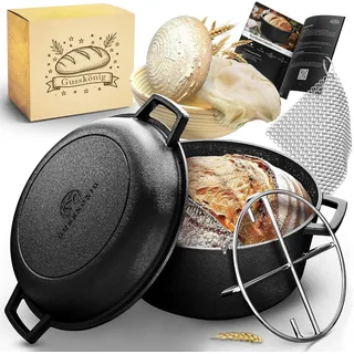 GUSSKÖNIG 2in1 Gusseisen Brotbackform mit Gärkörbchen–Eingebrannter Gusseisen Topf Brot Backen 4,8L & Grillpfanne 1,8L–Brotbackform, Brotbacktopf, Brottopf, Brotbackform mit Deckel - 30 Jahre Garantie