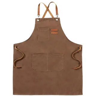 Segeltuchschürzen, Wasserdicht Arbeitsschürzen für Männer und Frauen, Braun | Verstellbare Grillschürze mit 3 Taschen, Kreuztragegurt, Kochschürzen für Kellner Küche Kochen Backen Friseur Garten Malerei