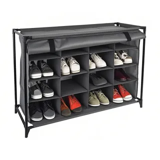 Relaxdays Camping Schuhregal, 16 Fächer, Stoffschuhschrank mit Vorhang, HxBxT: 65 x 85 x 35,5 cm, Campingschrank, grau