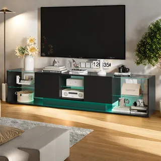 Fortuna Lai Moderner TV Schrank, Fernsehtisch mit 2 Schublade und 6 offenes Regal, 200cm lang, Hochglänzendes LED-TV-Lowboard für Wohnzimmer und Esszimmer (Schwarz) - Schwarz