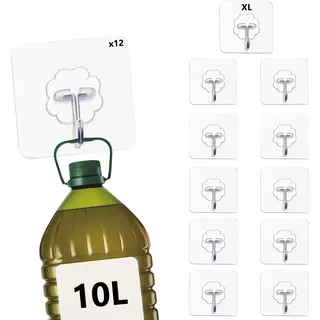 YEibi Klebehaken für die Wand, 12 XL, ohne Bohren, robust, transparent, aus Edelstahl bis 10 kg, starker Klebstoff für Badezimmer, Küche, Haushalt und Handtücher