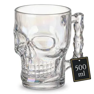 MIJOMA Totenkopf Bierkrug mit Henkel 500 ml – aus echtem Glas – spülmaschinenfest – für Halloween, Geburtstage und Gothic Tischdeko