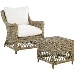 Beliani Gartensessel mit Hocker Rattan natürlich Auflagen cremeweiß Ribolla , Beige, Naturfarben, Weiß , Naturmaterialen , 66x78x70 cm , Gartenmöbel, Gartensessel, Gartenstühle