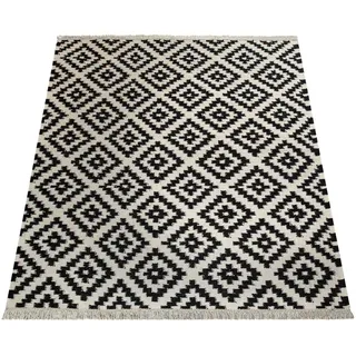 Paco Home Wollteppich »Kenitra 500« rechteckig 12 mm Höhe Flachgewebe, reine Wolle, handgewebt, Rauten Design, mit Fransen, schwarz