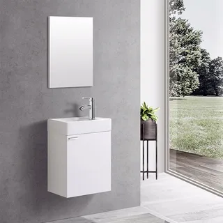 Weiß Waschplatz Waschbecken Schrank + Spiegel WC Gäste Toilette Badmöbel klein - Weiß