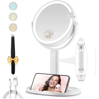 momokuba Kosmetikspiegel mit Beleuchtung, Vergrößerungsspiegel mit Licht 20fach, Kosmetikspiegel mit Vergrößerung 8, Doppelseitig 3 Farben 64 Led, Schminkspiegel mit Beleuchtung Rund 360° Drehbar