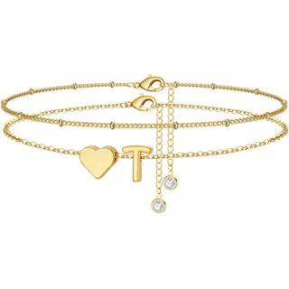 TINGN Fußkettchen für Damen, 14K Gold Vergoldet Herz Buchstaben Fußkettchen Kinder Mädchen Fussketten für Frauen Wasserfest Sommer Strand Fußschmuck Mehrreihige Fußkette Geschenke für Frauen Freundin