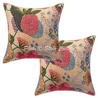 Stylo Culture Ethnisch Dekorativ Baumwolle Sofa Kissenbezüge 40x40 cm Beige Dekokissen Kantha Bestickt Wohnzimmer Couch Kissenhullen Tropicana Quadrat Umschlagverschluss 16x16 Kissen Bezüge - 2 STK.
