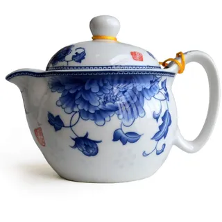 Yxhupot Teekanne, 350 ml, blaue und weiße Blume, Porzellan-Teekanne mit Teesieb, klassischer Wassertopf (Pfingstrose edel)