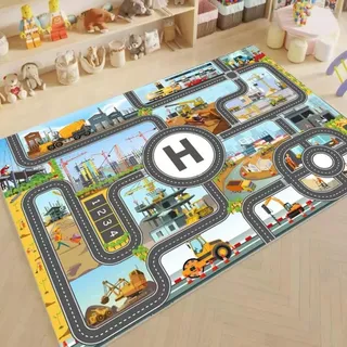 DLAYLQZG Spielteppich Baustelle für Jungen - Interaktives 3D-Stadtplan Design mit Bagger, Kran & Muldenkipper | rutschfeste Lernmatte für Kinderzimmer, Schlafzimmer & Babyzimmer (Style,100x160cm)
