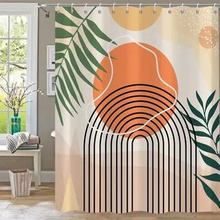 YiarTaan Boho-Duschvorhang-Set, abstrakt, Mitte des Jahrhunderts, geometrische Blätter, neutral, modern, grüne Pflanze, Eukalyptus, Bogen-Sonnenvorhang, 183 x 183 cm