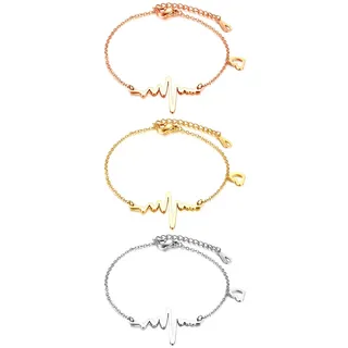 JewelryWe Schmuck 3pcs Damen Armband Edelstahl Herzschlag EKG Herz Charmsarmband Armkette Fußkettchen für Frau Mädchen, Silber Gold Rosegold