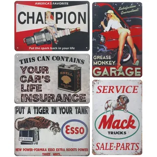 SPORWAY 5er Set Garage Blechschilder: 20 x 30 cm Blechschilder Retro, Vintage Deko, Retro Blechschild, Auto Poster Motoröl Laden Metall Schilder Hauswand Raumdekoration Bar Deko (5 PCS-3)