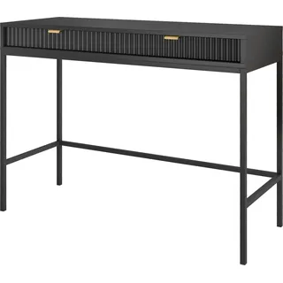 NOVA Schminktisch 2 Schubladen, Goldgriffe, geriffelte Fronten, Schwarz Matt, Metallbeine Schwarz, 104x78x50 cm - Schwarz