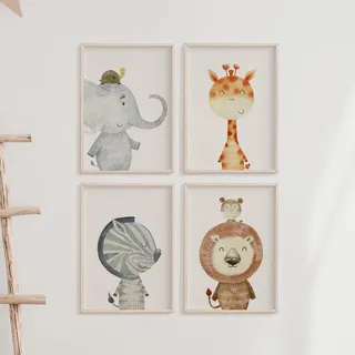 MeinBaby123® Bilder Kinderzimmer | 4er Set DIN A4 Poster Set | Waldtiere Wandbilder Watercolor | Deko Bilder Kinderzimmer | Babyzimmer Deko | Wandposter Premium (Tier auf Tier - Set 2)