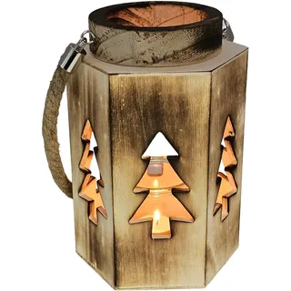 Bambelaa! Weihnachtliche Motivlaterne Vintage mit Seilgriff aus Holz Glaseinsatz Deko Windlicht Innen und Außen für Haus Garten rustikale Holzlaterne Kerzenhalter ca. 14 x 16 x 23 cm Tannenbaummuster