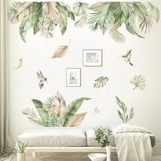 decalmile Wandtattoo Boho Tropische Palme Blätter Wandaufkleber Pflanzen Blätter Grüne Vögel Wandsticker Wohnzimmer Schlafzimmer Flur Fenster Wanddeko
