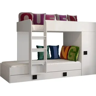 Etagenbett für Kinder Toledo 2 Stockbett mit Treppe und Bettkasten (Weiß + Weiß Glanz + schwarze Griffe) - Weiß