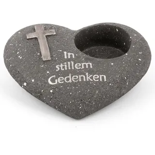 Novaliv Grabschmuck Herz Anthrazit mit Kreuz Spruch In stillem Gedenken Grabdeko Grabherz Wetterfest Grabdekoration Gedenkstein Teelichthalter Trauerstein
