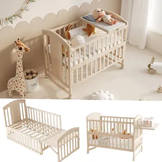 Flieks Kinderbett Babybett 60x120cm mit integriertem Wickeltisch, Nebenbett verlängerbar, Holzbett mir Rollen, 120-162x60x95 cm, Naturbelassen - Naturbelassen