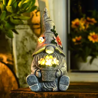 Yeomoo Gartenzwerge Solar Figuren für Außen Gartendeko: Lustig Gartenzwerg mit Blumen Solarlampen Deko Geschenke für Frauen Männer Mum Geburtstagsgeschenk Garten Balkon Terrasse Deko Wohnzimmer Grau