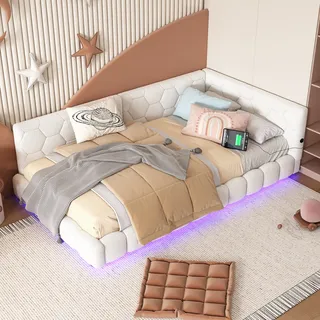 Daybett,Schlafsofa mit Umgebungslicht, USB-Anschluss, 16 Farben, 90x200cm, Weiß - Weiß