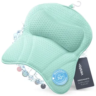 Vesta+ Badewannenkissen XXL Mint, 6 Saugnäpfe, 8 cm Nackenstütze | Badekissen für Badewanne aus 3D-Mesh mit Mikromassage-Oberfläche, waschbar, inkl. Abziehkarte & Wellness-Playlists