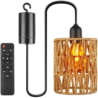 GAOUTO Hängeleuchte Rattan, E27 Outdoor Beleuchtung Hängelampe mit Batterie, Tragbare Boho Rattan Lampenschirm, Hängelampe Outdoor für Patio Bar Garten Terrasse Wohnzimmer Schlafzimmer
