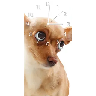 Wallario Design Wanduhr Lustiger Hund mit fliegenden Ohren aus Echtglas, Größe 30 x 60 cm - Weiß